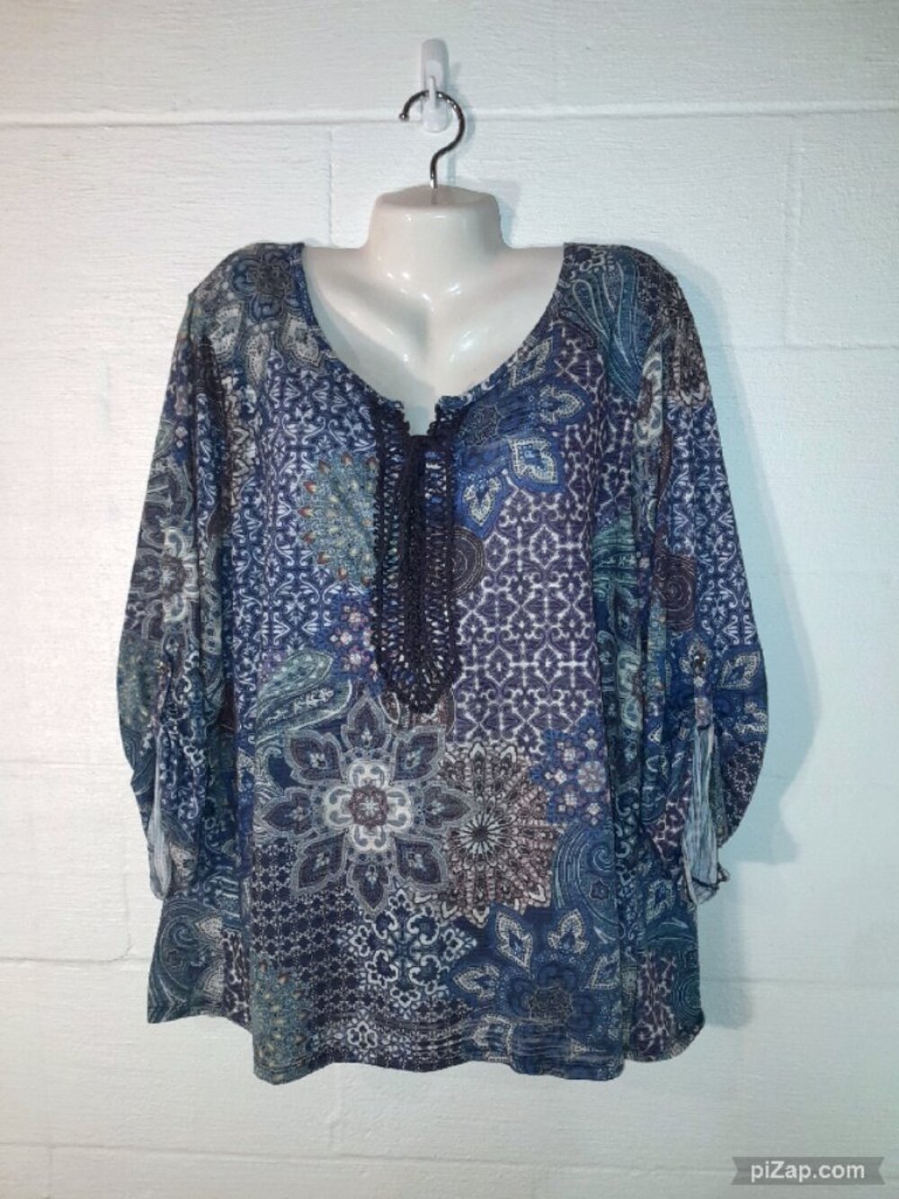 Gloria Vanderbilt Women's Blouse Plus Size 3X Blue Boho Bohemian Lace Up Top